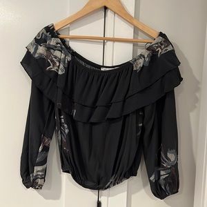 Vintage Havana Grey Floral Off The Shoulder Crop Ruffle Blouse Size Small